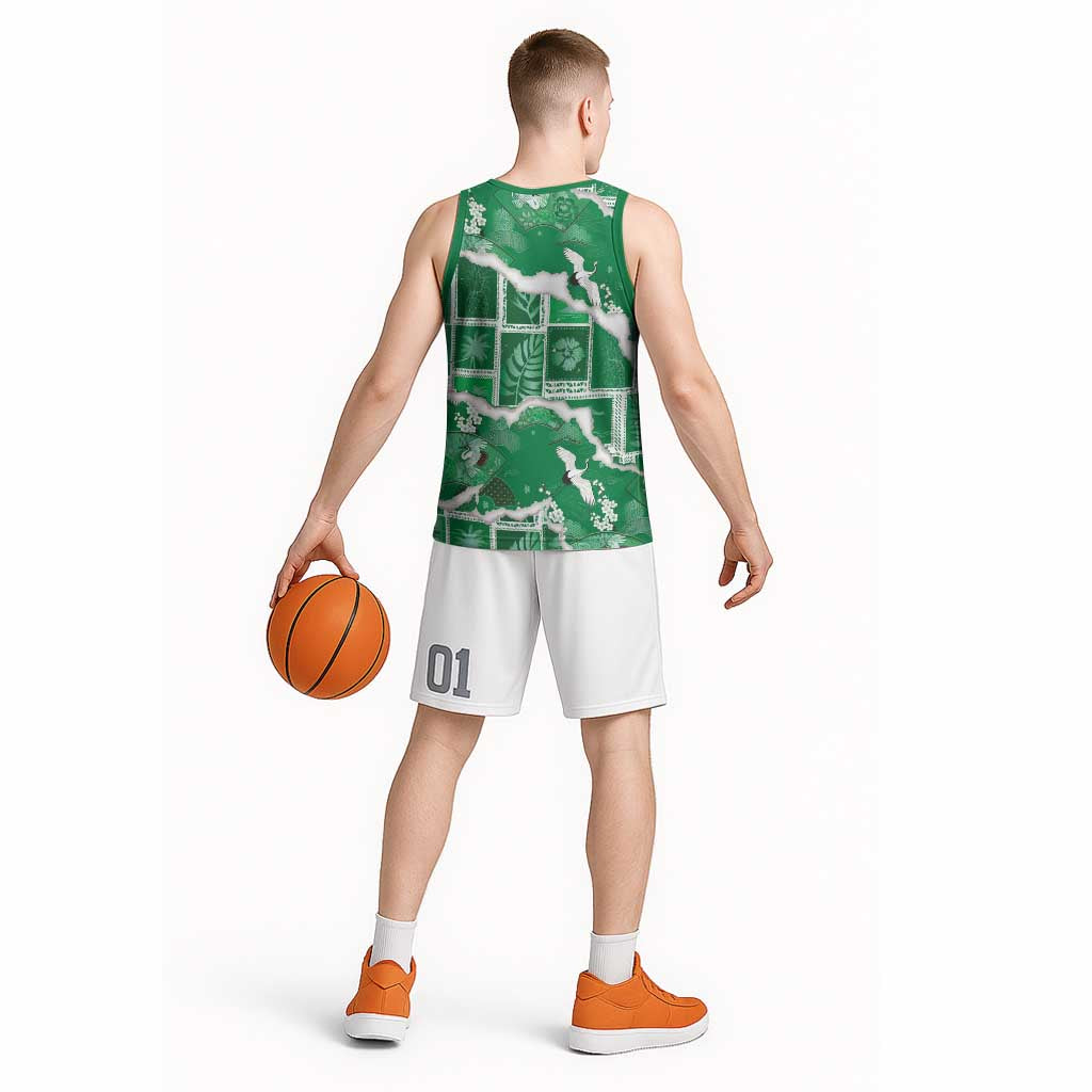 Hawaii Japanese Culture Green Basketball Jersey Spring Cranes Aloha Pattern