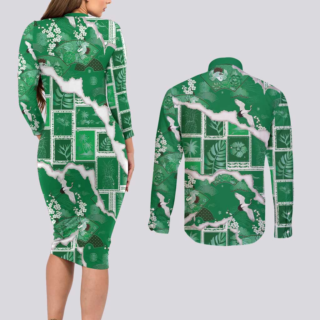 Hawaii Japanese Culture Green Couples Matching Long Sleeve Bodycon Dress and Long Sleeve Button Shirt Spring Cranes Aloha Pattern