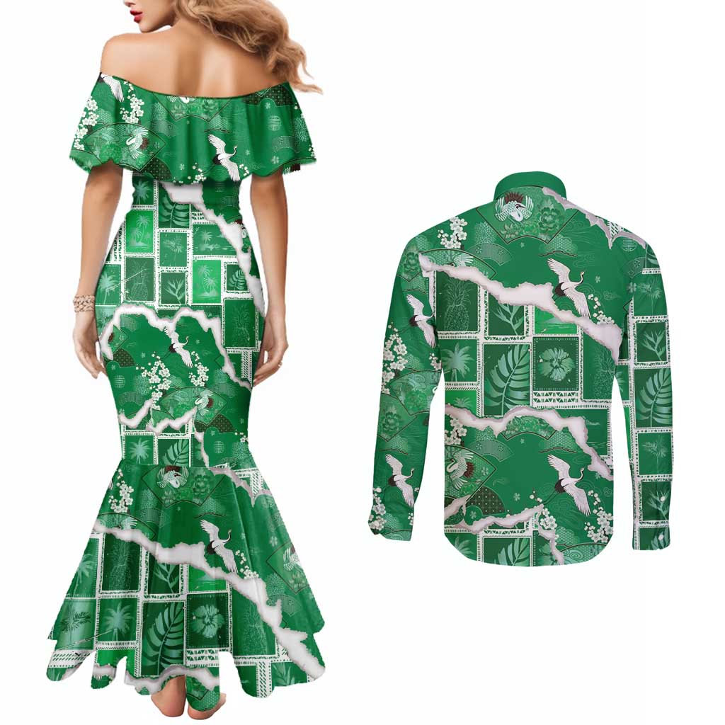 Hawaii Japanese Culture Green Couples Matching Mermaid Dress and Long Sleeve Button Shirt Spring Cranes Aloha Pattern