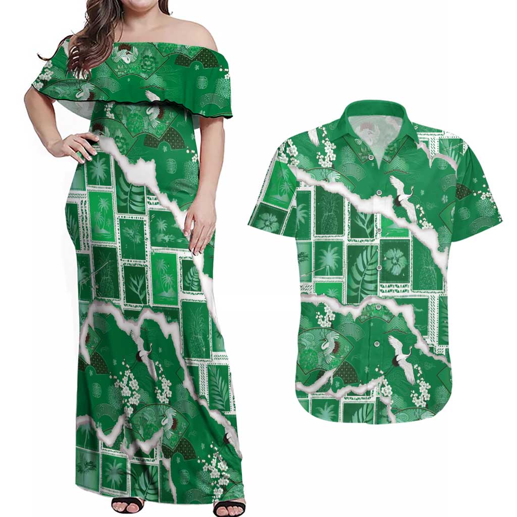 Hawaii Japanese Culture Green Couples Matching Off Shoulder Maxi Dress and Hawaiian Shirt Spring Cranes Aloha Pattern
