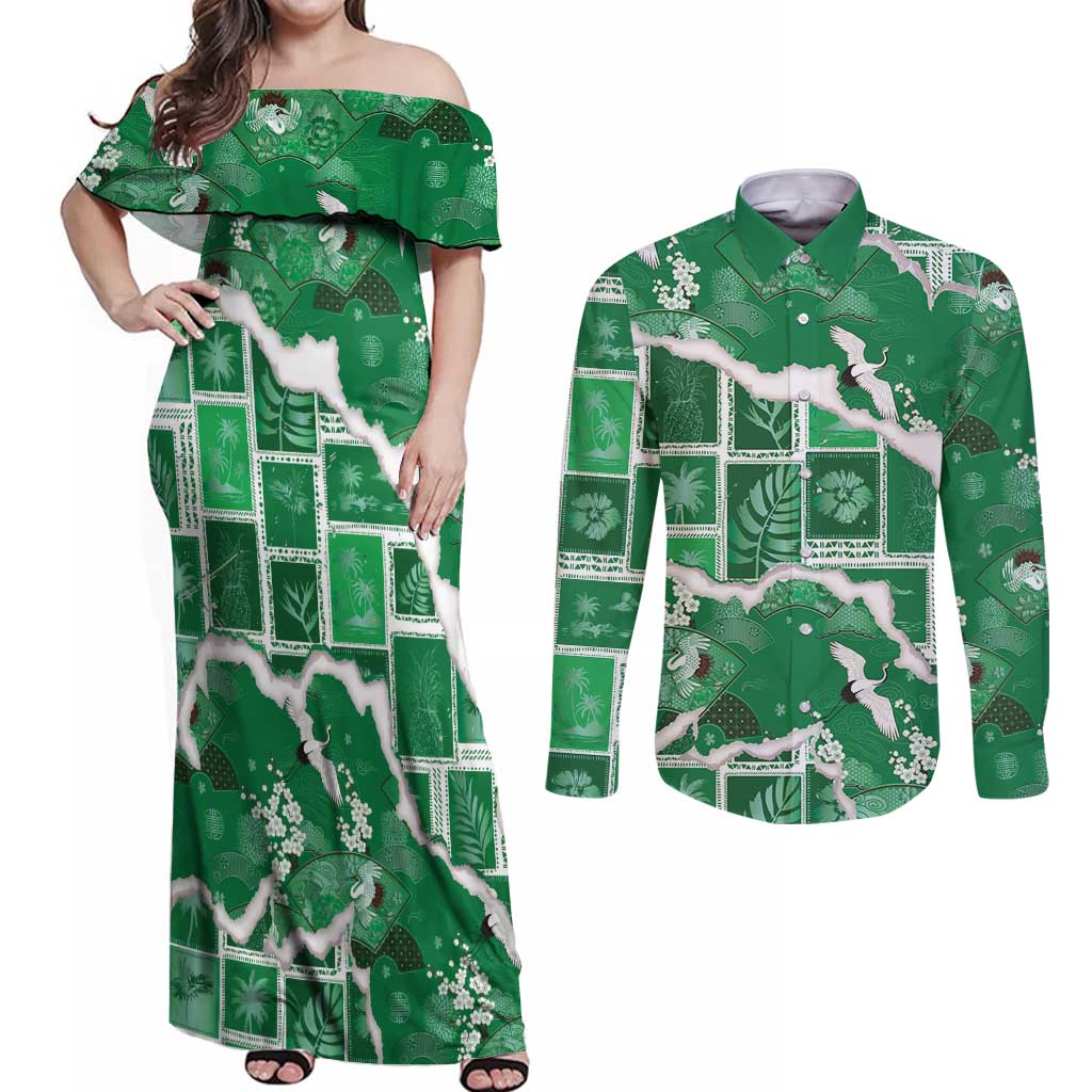 Hawaii Japanese Culture Green Couples Matching Off Shoulder Maxi Dress and Long Sleeve Button Shirt Spring Cranes Aloha Pattern