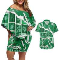 Hawaii Japanese Culture Green Couples Matching Off Shoulder Short Dress and Hawaiian Shirt Spring Cranes Aloha Pattern
