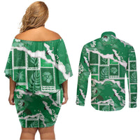 Hawaii Japanese Culture Green Couples Matching Off Shoulder Short Dress and Long Sleeve Button Shirt Spring Cranes Aloha Pattern