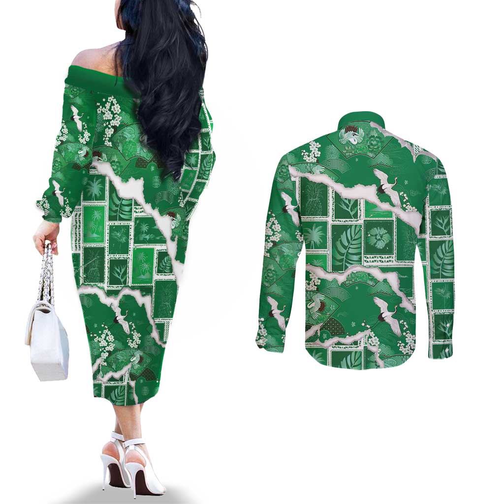 Hawaii Japanese Culture Green Couples Matching Off The Shoulder Long Sleeve Dress and Long Sleeve Button Shirt Spring Cranes Aloha Pattern