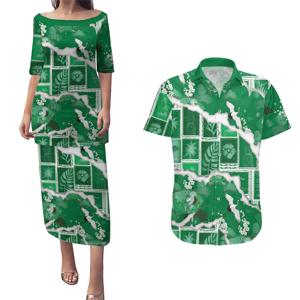 Hawaii Japanese Culture Green Couples Matching Puletasi and Hawaiian Shirt Spring Cranes Aloha Pattern