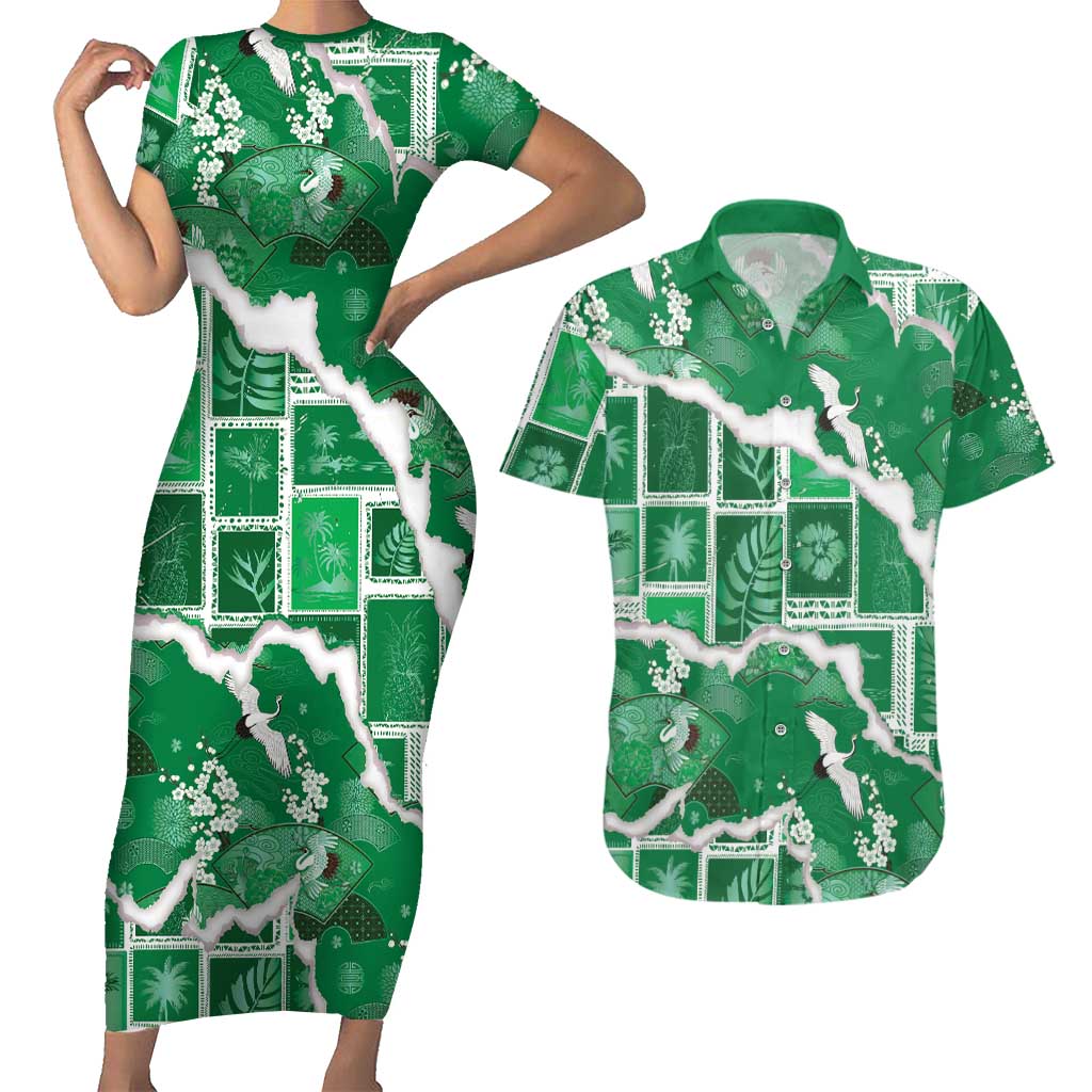 Hawaii Japanese Culture Green Couples Matching Short Sleeve Bodycon Dress and Hawaiian Shirt Spring Cranes Aloha Pattern