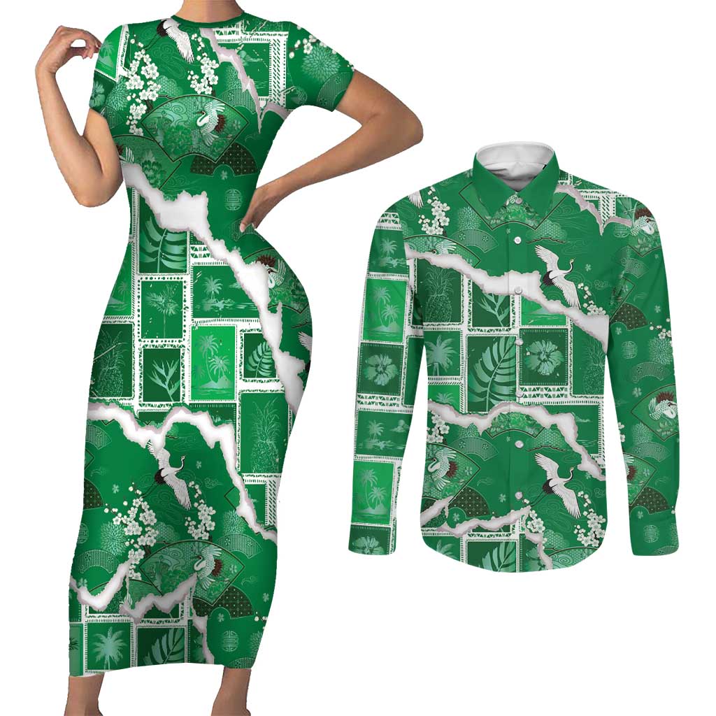 Hawaii Japanese Culture Green Couples Matching Short Sleeve Bodycon Dress and Long Sleeve Button Shirt Spring Cranes Aloha Pattern