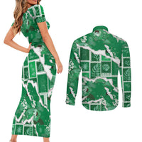 Hawaii Japanese Culture Green Couples Matching Short Sleeve Bodycon Dress and Long Sleeve Button Shirt Spring Cranes Aloha Pattern