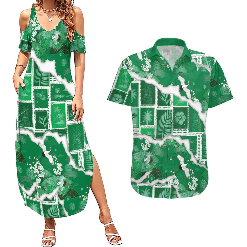 Hawaii Japanese Culture Green Couples Matching Summer Maxi Dress and Hawaiian Shirt Spring Cranes Aloha Pattern