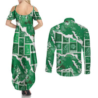Hawaii Japanese Culture Green Couples Matching Summer Maxi Dress and Long Sleeve Button Shirt Spring Cranes Aloha Pattern