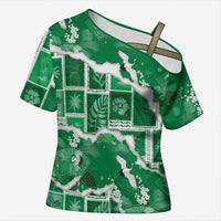 Hawaii Japanese Culture Green Cross Shoulder Shirt Spring Cranes Aloha Pattern