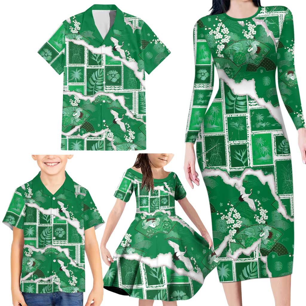 Hawaii Japanese Culture Green Family Matching Long Sleeve Bodycon Dress and Hawaiian Shirt Spring Cranes Aloha Pattern