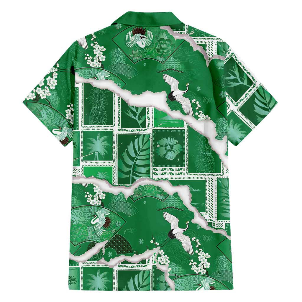 Hawaii Japanese Culture Green Family Matching Long Sleeve Bodycon Dress and Hawaiian Shirt Spring Cranes Aloha Pattern