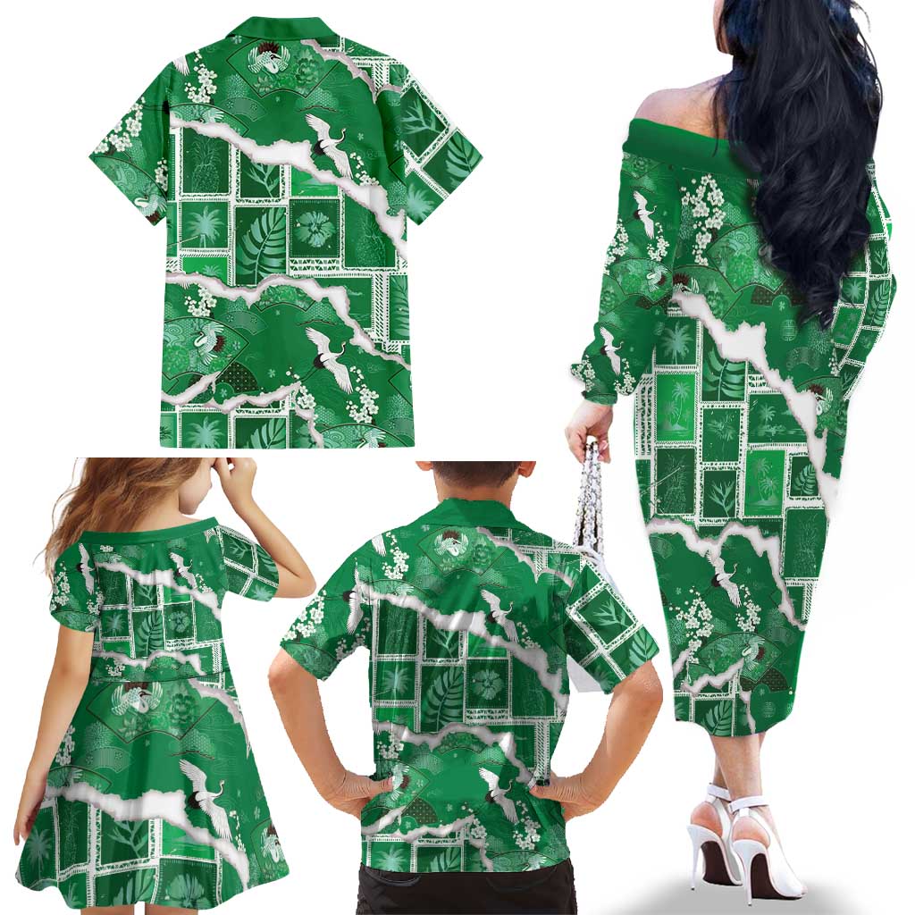 Hawaii Japanese Culture Green Family Matching Off The Shoulder Long Sleeve Dress and Hawaiian Shirt Spring Cranes Aloha Pattern
