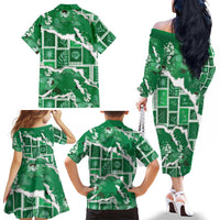 Hawaii Japanese Culture Green Family Matching Off The Shoulder Long Sleeve Dress and Hawaiian Shirt Spring Cranes Aloha Pattern