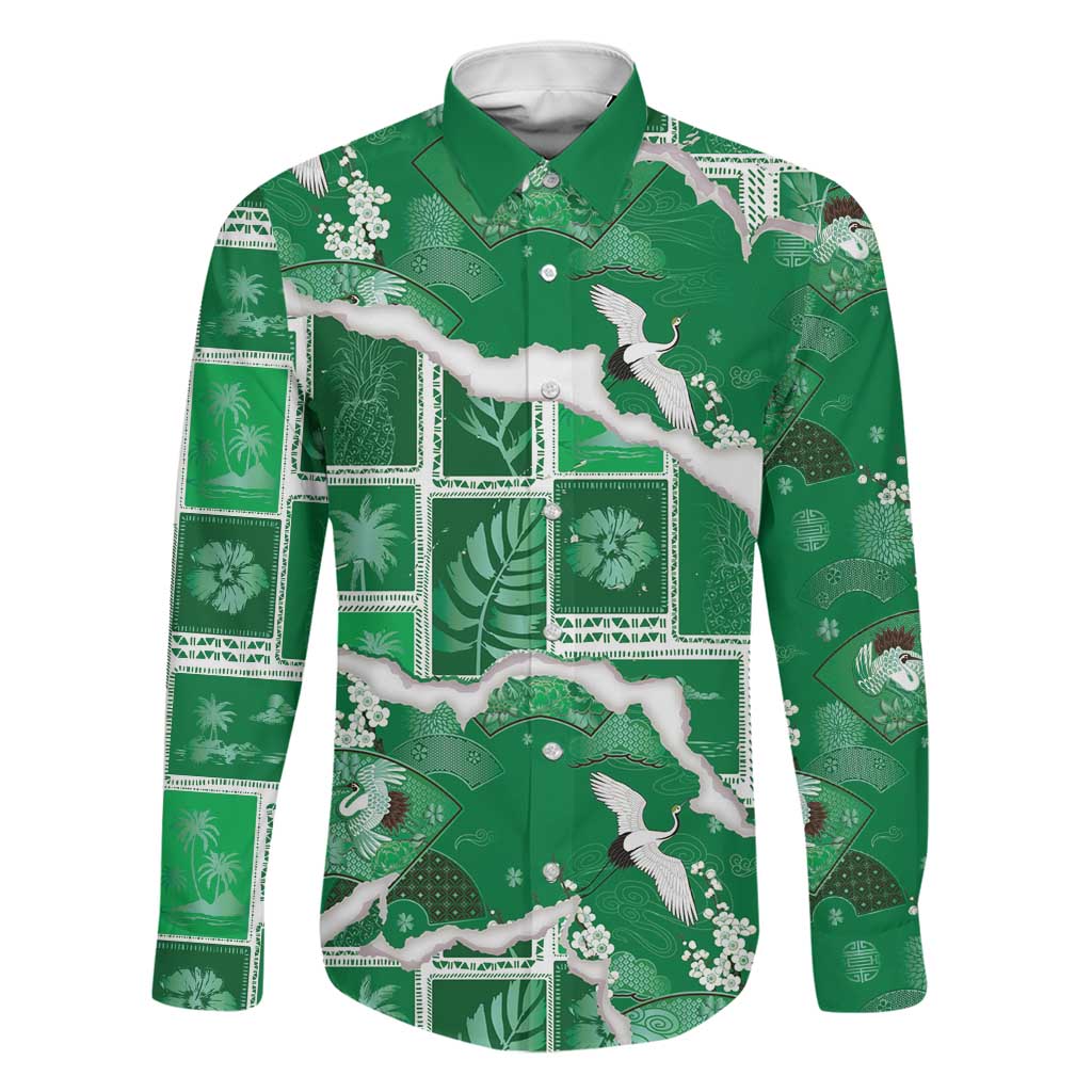 Hawaii Japanese Culture Green Family Matching Off The Shoulder Long Sleeve Dress and Hawaiian Shirt Spring Cranes Aloha Pattern