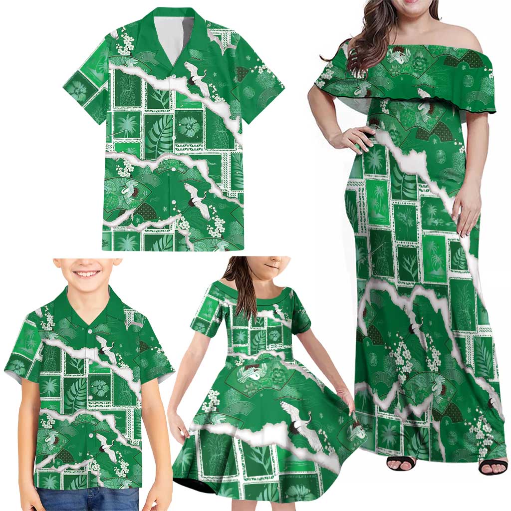 Hawaii Japanese Culture Green Family Matching Off Shoulder Maxi Dress and Hawaiian Shirt Spring Cranes Aloha Pattern