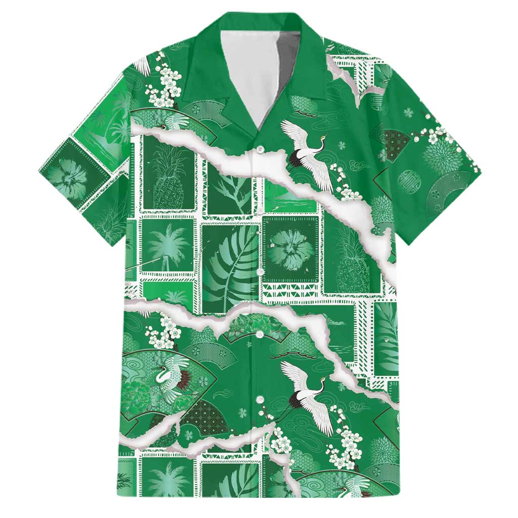 Hawaii Japanese Culture Green Family Matching Off Shoulder Maxi Dress and Hawaiian Shirt Spring Cranes Aloha Pattern