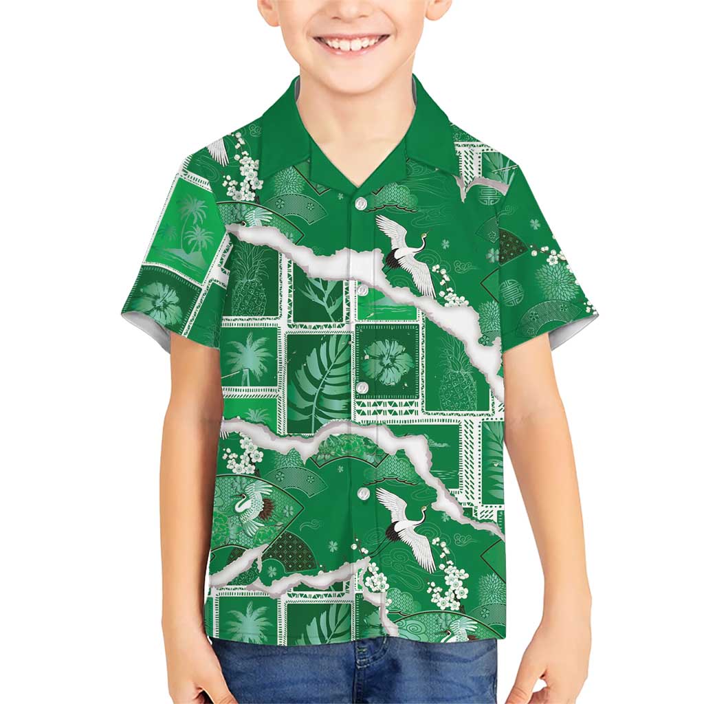 Hawaii Japanese Culture Green Family Matching Off Shoulder Maxi Dress and Hawaiian Shirt Spring Cranes Aloha Pattern