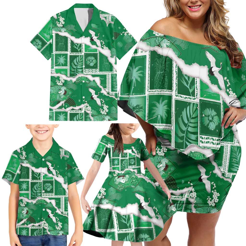 Hawaii Japanese Culture Green Family Matching Off Shoulder Short Dress and Hawaiian Shirt Spring Cranes Aloha Pattern