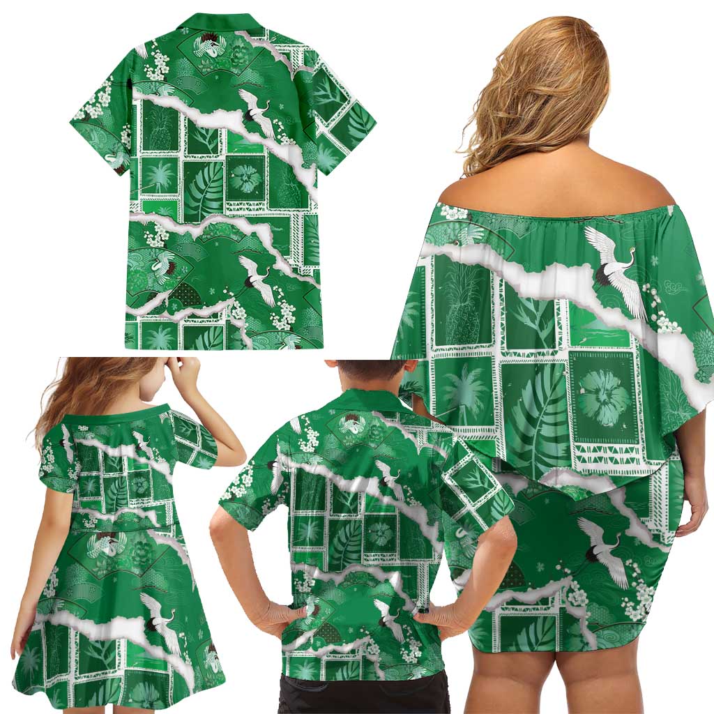 Hawaii Japanese Culture Green Family Matching Off Shoulder Short Dress and Hawaiian Shirt Spring Cranes Aloha Pattern
