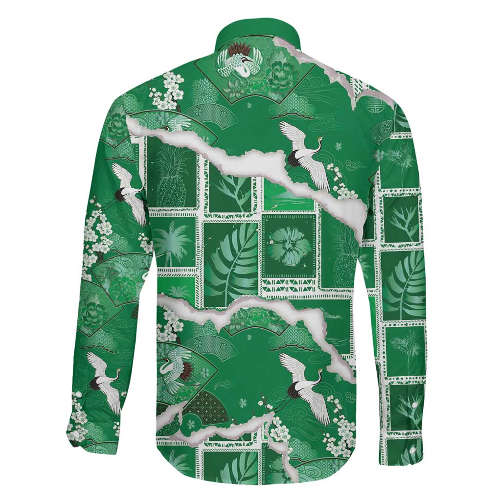Hawaii Japanese Culture Green Family Matching Off Shoulder Short Dress and Hawaiian Shirt Spring Cranes Aloha Pattern