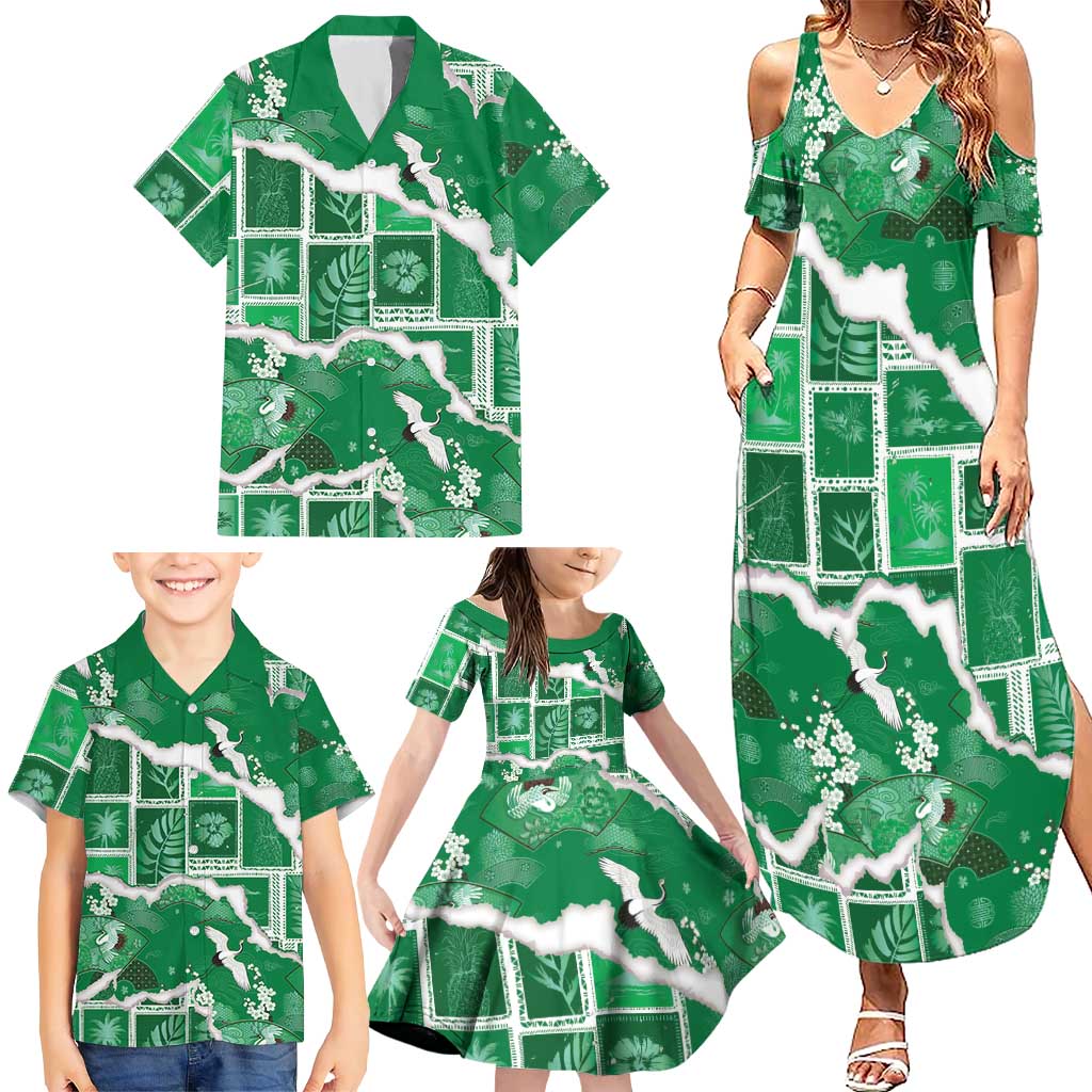 Hawaii Japanese Culture Green Family Matching Summer Maxi Dress and Hawaiian Shirt Spring Cranes Aloha Pattern