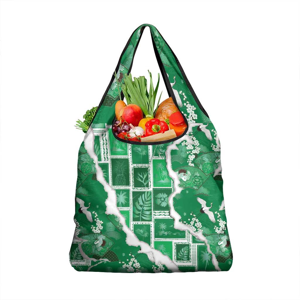 Hawaii Japanese Culture Green Grocery Bag Spring Cranes Aloha Pattern