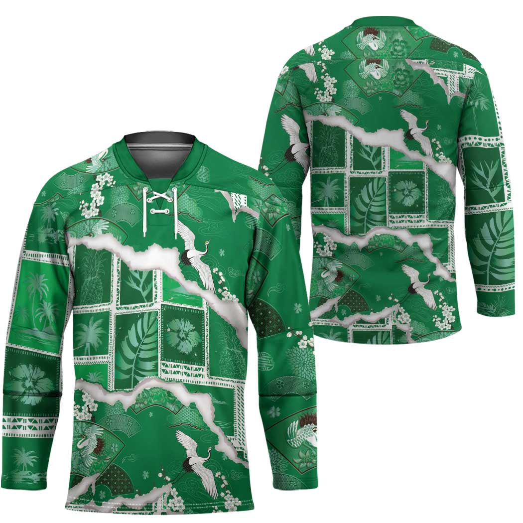 Hawaii Japanese Culture Green Hockey Jersey Spring Cranes Aloha Pattern