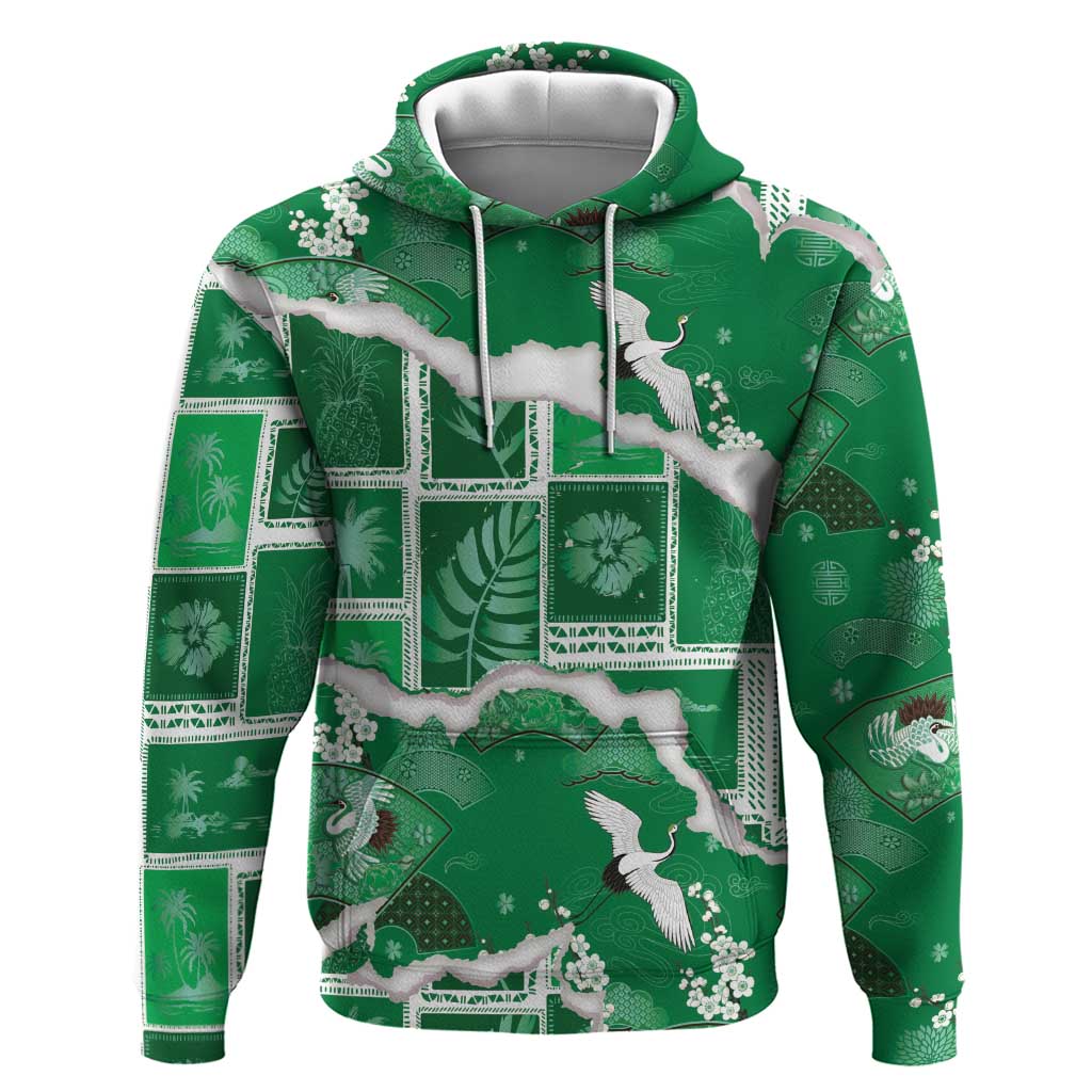Hawaii Japanese Culture Green Hoodie Spring Cranes Aloha Pattern