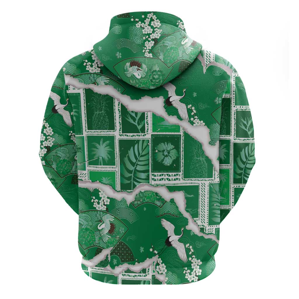 Hawaii Japanese Culture Green Hoodie Spring Cranes Aloha Pattern