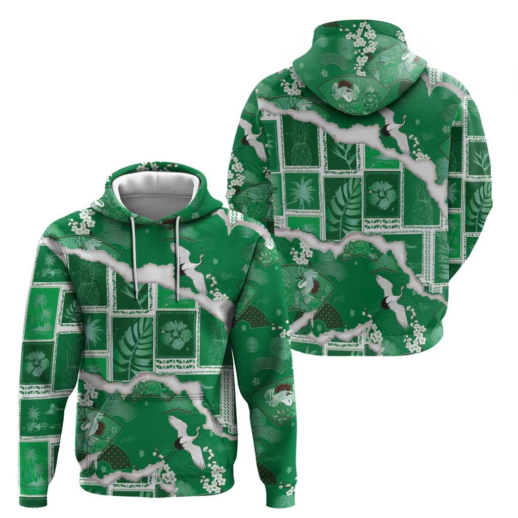 Hawaii Japanese Culture Green Hoodie Spring Cranes Aloha Pattern