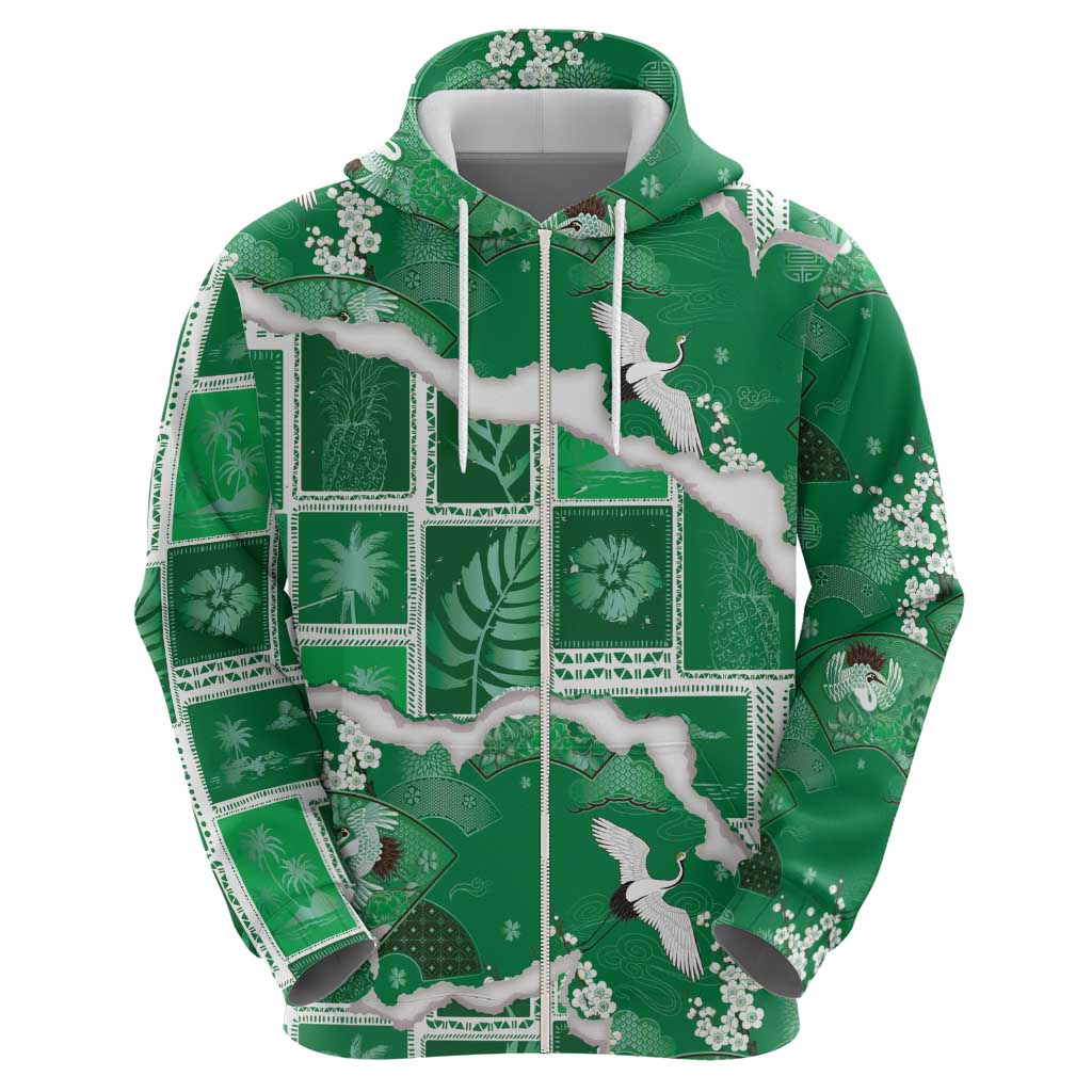 Hawaii Japanese Culture Green Hoodie Spring Cranes Aloha Pattern