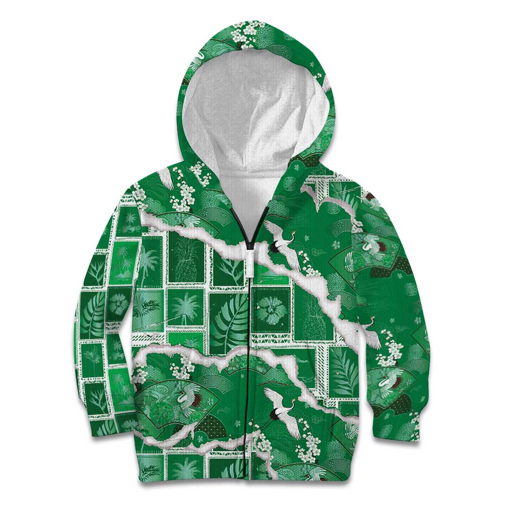 Hawaii Japanese Culture Green Kid Hoodie Spring Cranes Aloha Pattern
