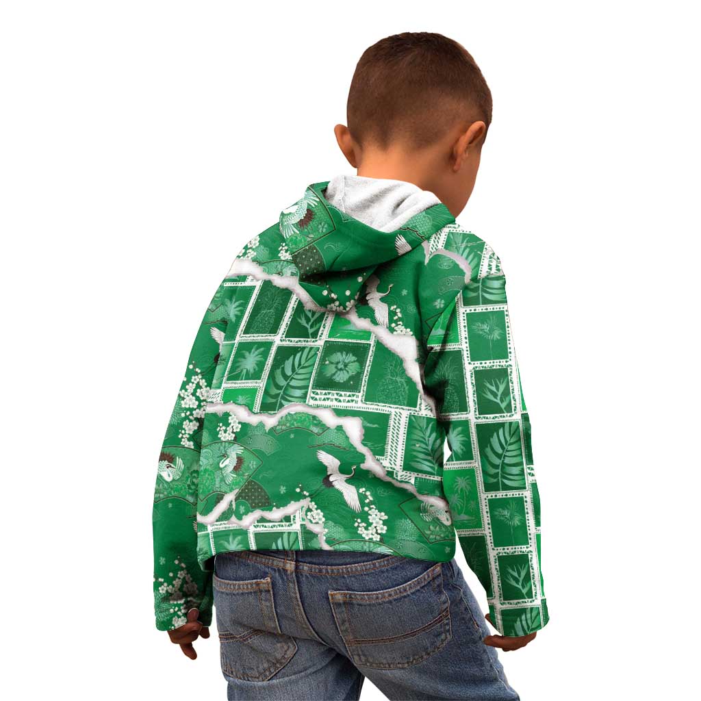 Hawaii Japanese Culture Green Kid Hoodie Spring Cranes Aloha Pattern