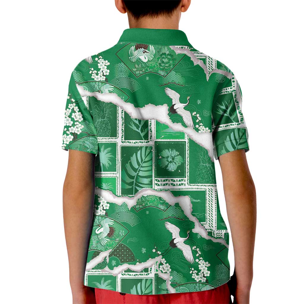 Hawaii Japanese Culture Green Kid Polo Shirt Spring Cranes Aloha Pattern
