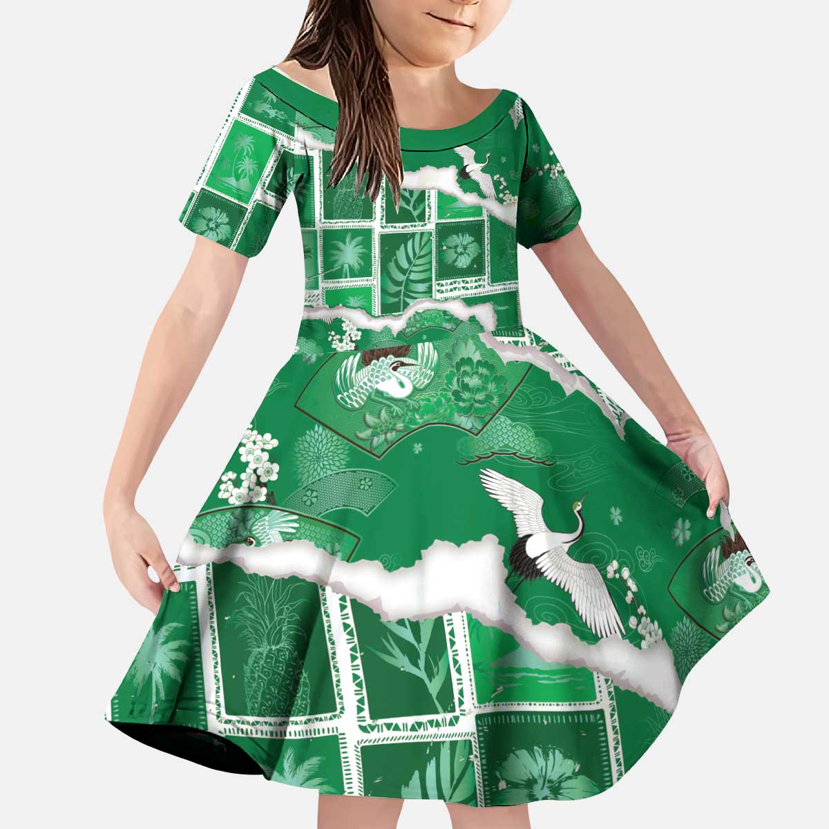 Hawaii Japanese Culture Green Kid Short Sleeve Dress Spring Cranes Aloha Pattern LT01 KID Green - Polynesian Pride