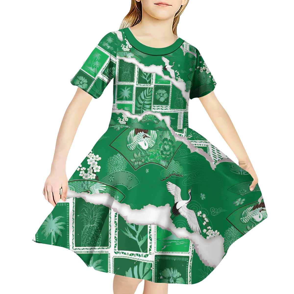 Hawaii Japanese Culture Green Kid Short Sleeve Dress Spring Cranes Aloha Pattern LT01 - Polynesian Pride