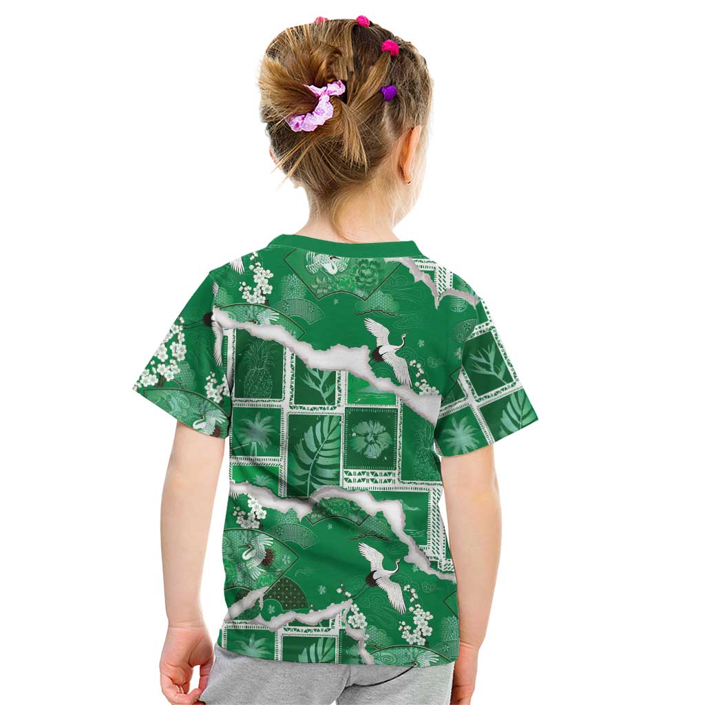 Hawaii Japanese Culture Green Kid T Shirt Spring Cranes Aloha Pattern