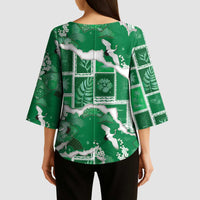 Hawaii Japanese Culture Green Kimono Sleeve Blouse Spring Cranes Aloha Pattern