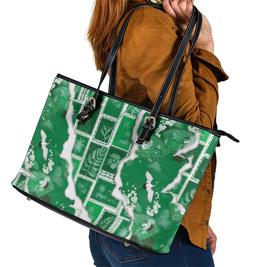 Hawaii Japanese Culture Green Leather Tote Bag Spring Cranes Aloha Pattern