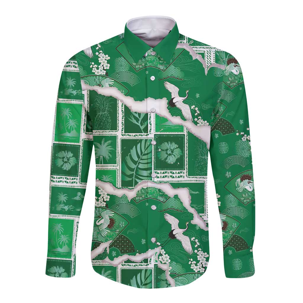 Hawaii Japanese Culture Green Long Sleeve Button Shirt Spring Cranes Aloha Pattern
