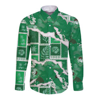 Hawaii Japanese Culture Green Long Sleeve Button Shirt Spring Cranes Aloha Pattern