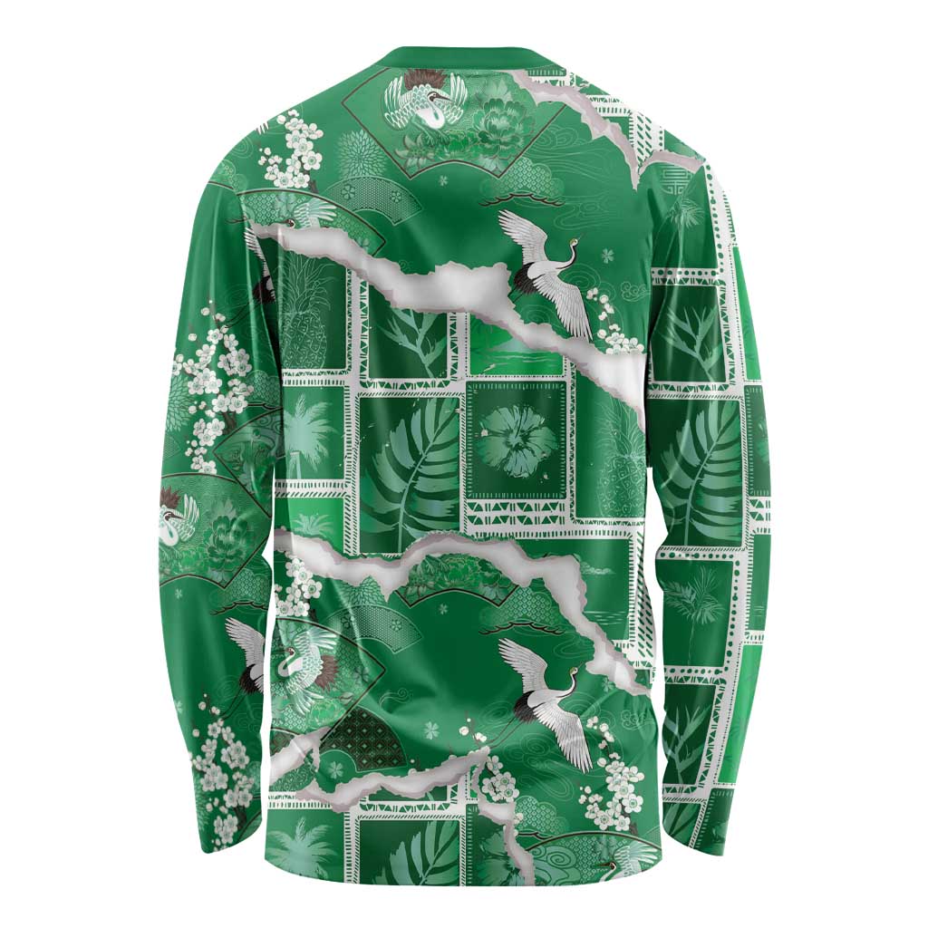 Hawaii Japanese Culture Green Long Sleeve Shirt Spring Cranes Aloha Pattern