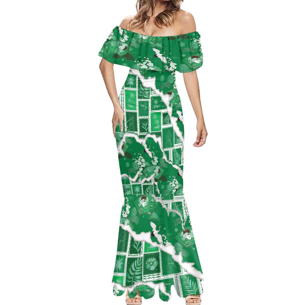 Hawaii Japanese Culture Green Mermaid Dress Spring Cranes Aloha Pattern