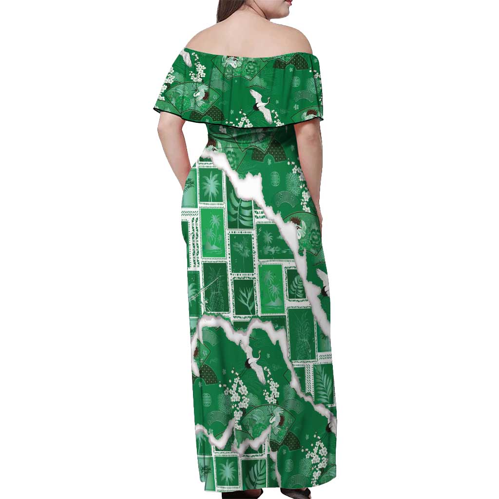 Hawaii Japanese Culture Green Off Shoulder Maxi Dress Spring Cranes Aloha Pattern
