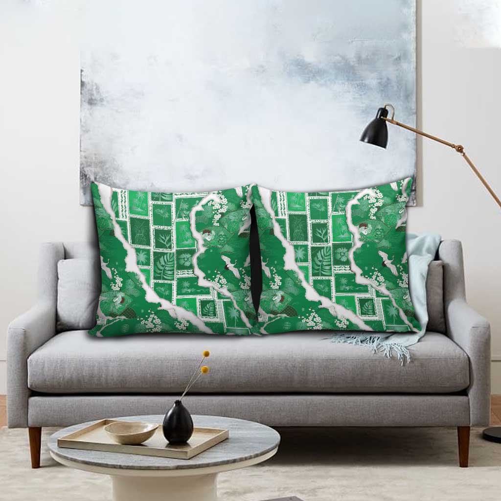 Hawaii Japanese Culture Green Pillow Cover Spring Cranes Aloha Pattern