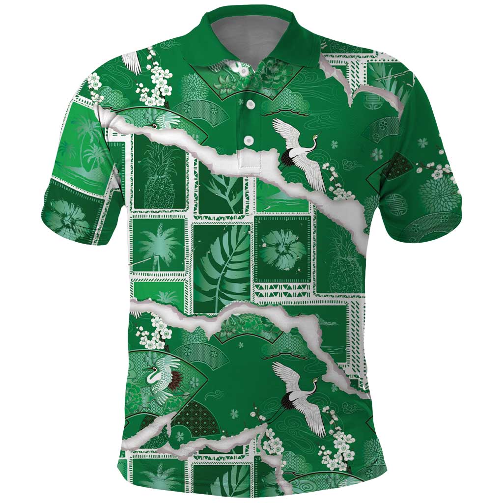 Hawaii Japanese Culture Green Polo Shirt Spring Cranes Aloha Pattern