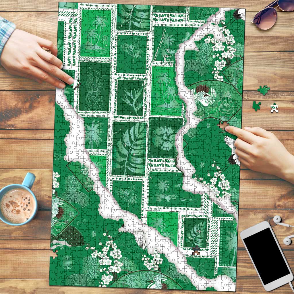 Hawaii Japanese Culture Green Puzzle Spring Cranes Aloha Pattern