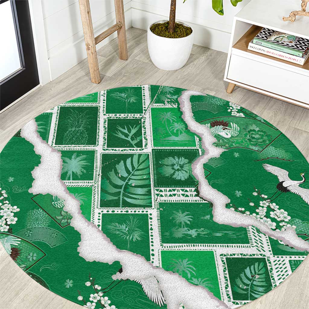 Hawaii Japanese Culture Green Round Carpet Spring Cranes Aloha Pattern